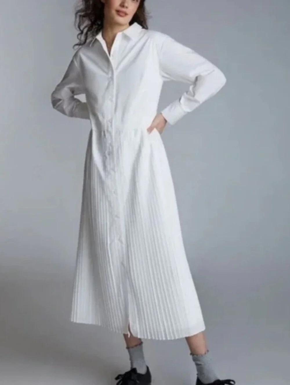 Anthropologie Elenore White Pleated Shirt Dress, Sz S - Picture 1 of 6